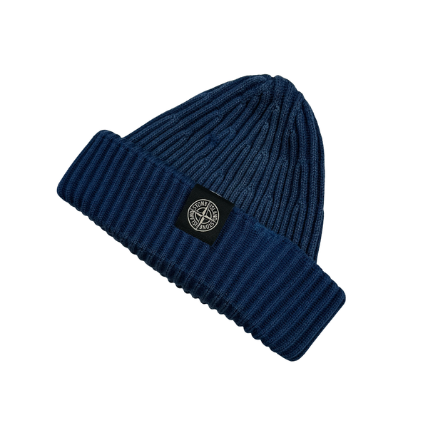 Stone Island Blue Ribbed Logo Patch Beanie