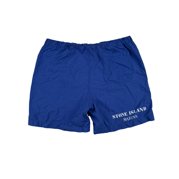 Stone Island 2019 Blue Striped Marina Spellout Shorts - Large