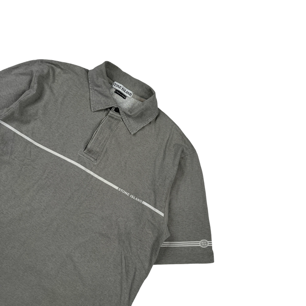 Stone Island 1997 Grey Cotton Spellout Vintage Polo Shirt - Medium