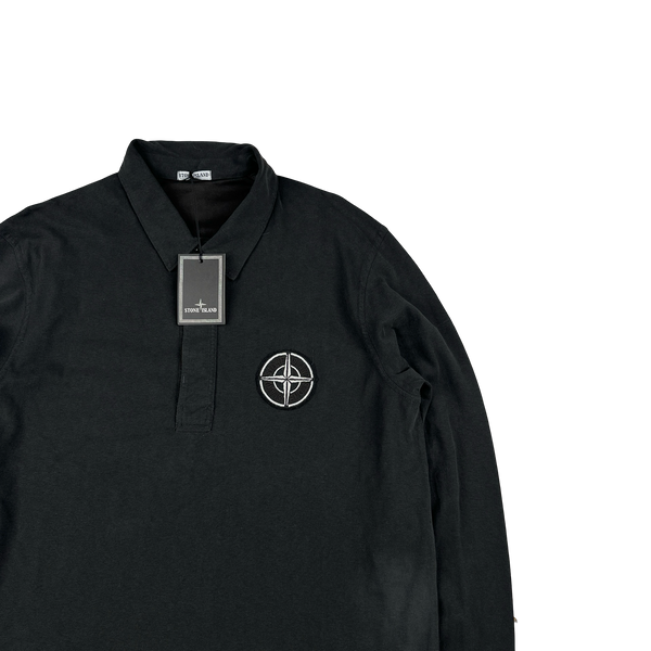 Stone Island 2005 Charcoal Longsleeve Cotton Embroiderd Compass Polo Top - XL