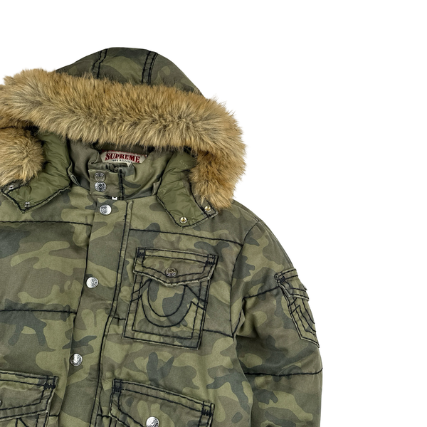 Supreme X True Religion Green Camo Contrast Stitch Pocket Puffer Fur Hood Jacket - Large