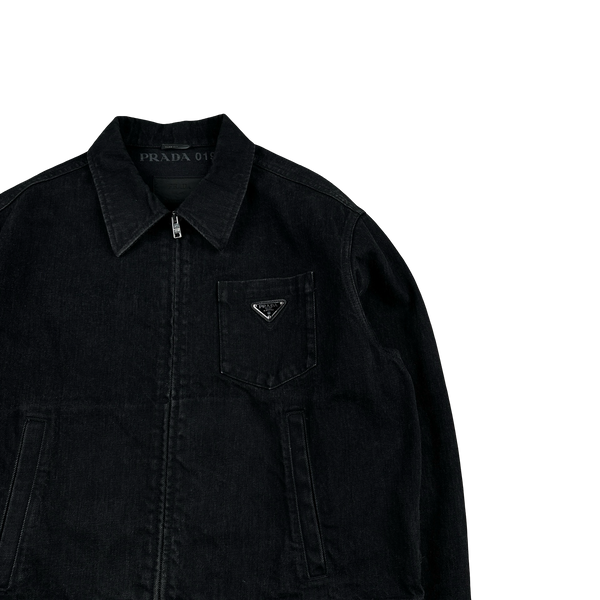 Prada Black Denim Triangle Plaque Collared Jacket - Medium