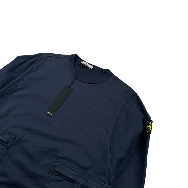 Stone Island 2021 Navy Brushed Cotton Cargo Pullover Overshirt - Small