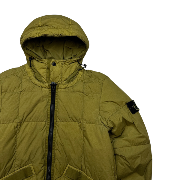 Stone Island Chartreuse Down Garment Dyed Crinkle Puffer Jacket - Small