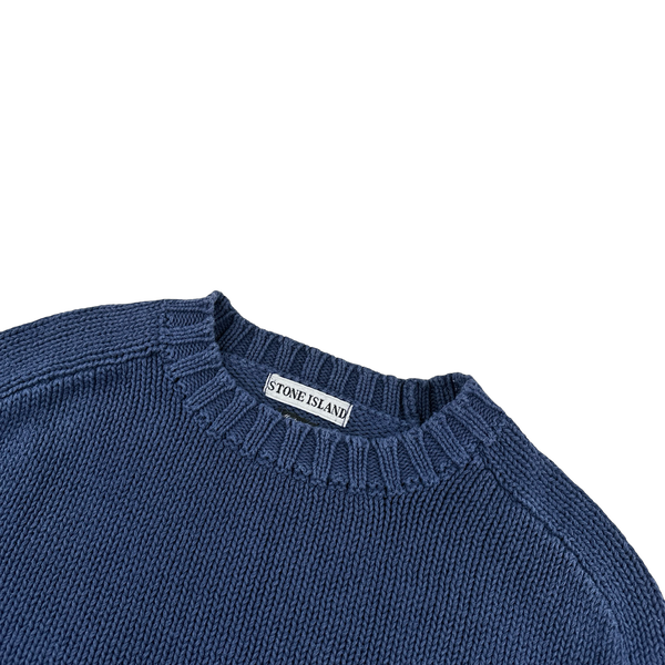 Stone Island 1998 Vintage Blue Cotton Cuff Spellout Pullover Knit - XL