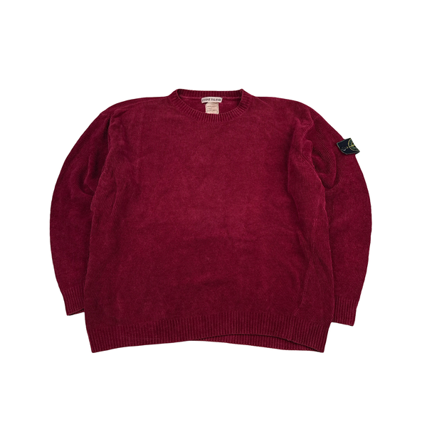 Stone Island 1998 Red Chenille Knit Vintage Jumper - Medium