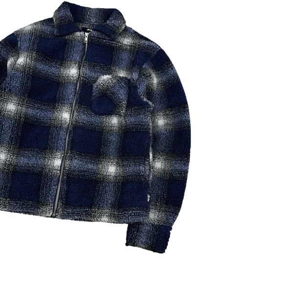 Stussy Blue Checked Teddy Fleece Zipped Jumper - Medium