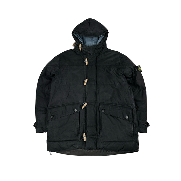Stone Island 1999 Navy Vintage Waxed Cotton Long Puffer Parka Jacket - Small