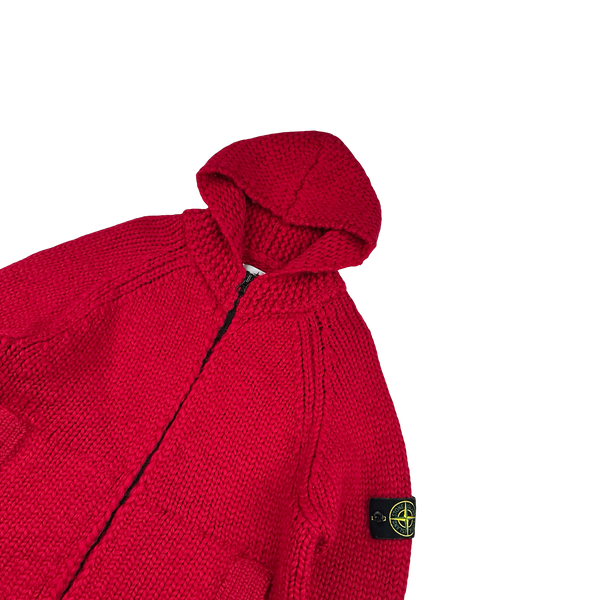 Stone Island 2022 Red Heavyweight Wool Knitted Zipped Hoodie - Large