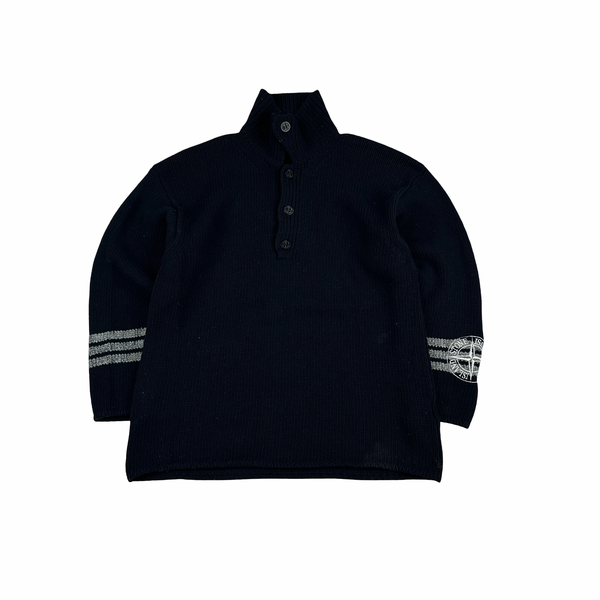 Stone Island 1996 Navy Wool Buttoned Knitted Jumper - Medium
