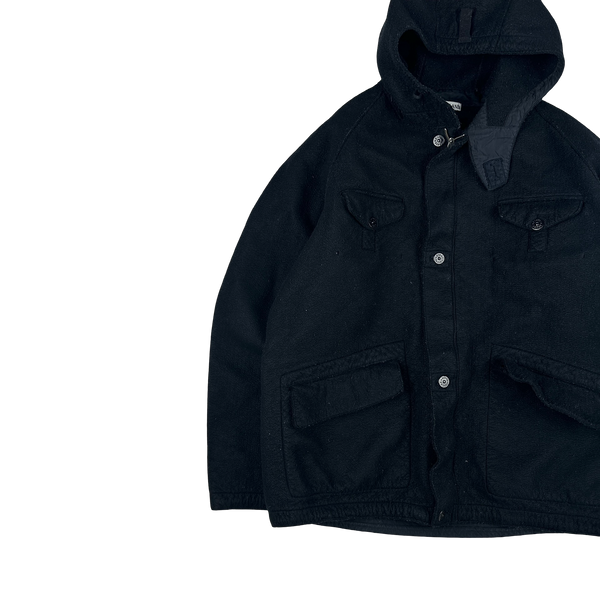 Stone Island 2005 Black Multi Pocket Felt Hooded Jacket - 3XL