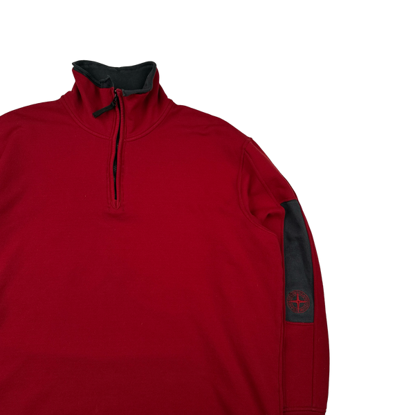 Stone Island 2003 Red  Compass Stretch Cotton Fleece Lined Quarter Zip Jumper - XXL