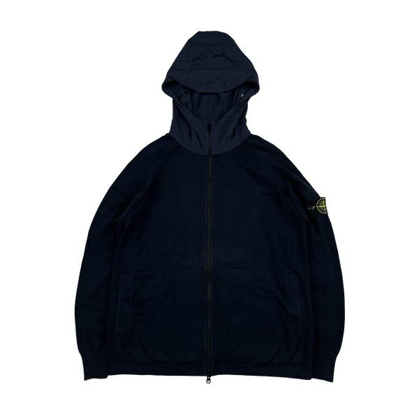 Stone Island 2023 Navy Cotton Knit Hooded Zipped Jumper - Large