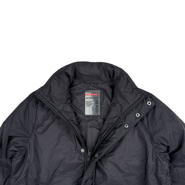 Prada Black Resin Coated Red Tab Nylon Quilted Jacket - Medium