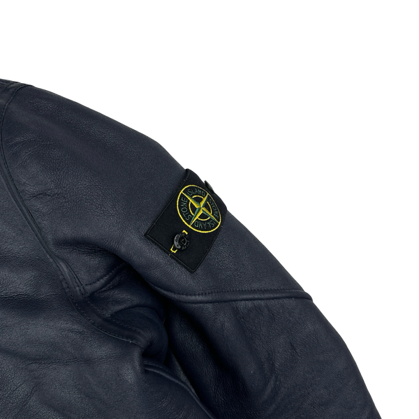 Stone Island 2014 Navy Hand Painted Leather Sheepskin Shearling Jacket - XL