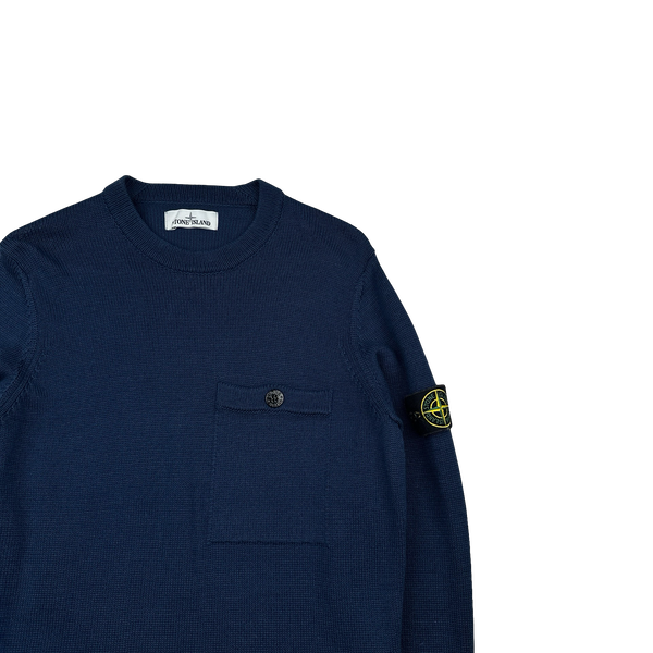 Stone Island 2020 Navy Cotton Knit Crewneck Pocketed Jumper - Medium