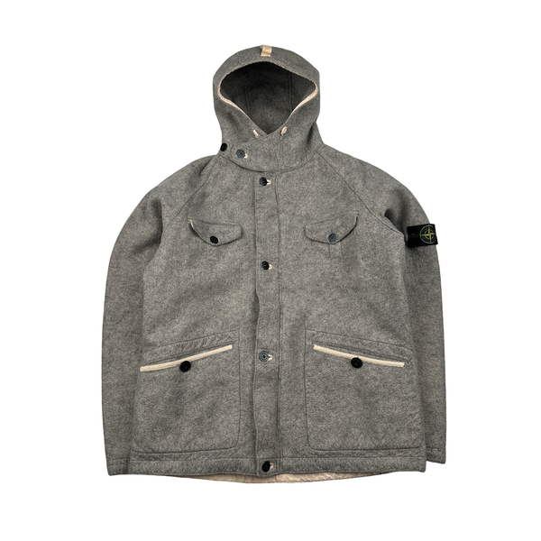 Stone Island 2005 Grey Multi Pocket Felt Hooded Jacket - XL