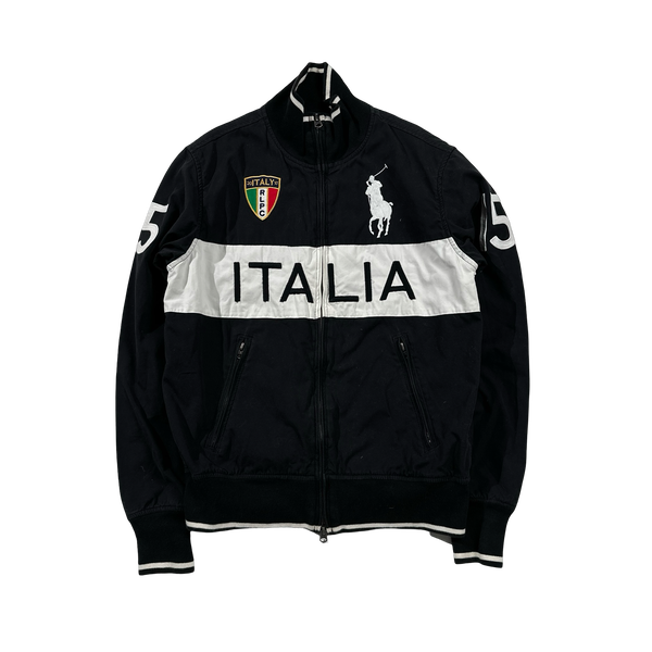 Ralph Lauren Black ITALIA Embroidered Big Logo Spellout Zipped Jacket - Small