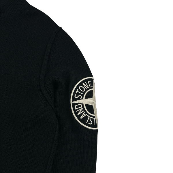 Stone Island 2020 Black Wool Spellout Embroidered Compass Mock Neck Jumper - Medium