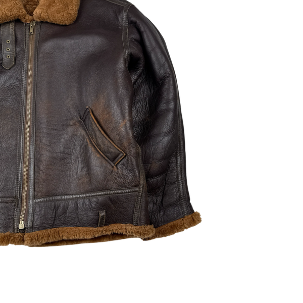 Shearling Lined Aviator Pilot Thick Leather Vintage Jacket - XL