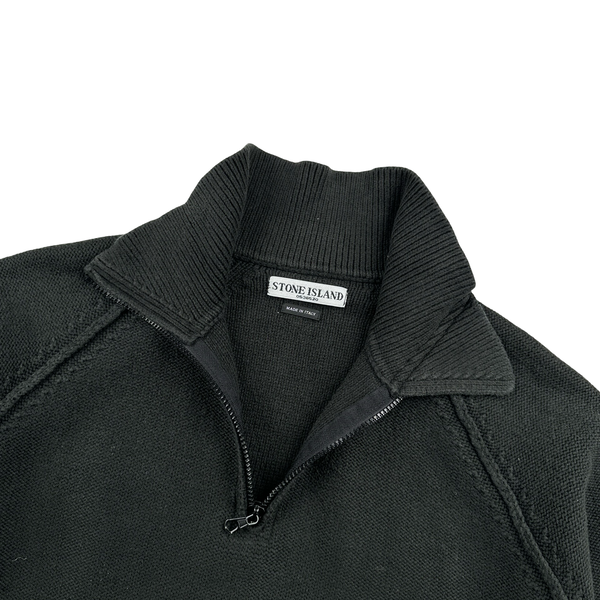 Stone Island 2004 Washed Black Cotton Quarter Zip Neck Pullover - XL