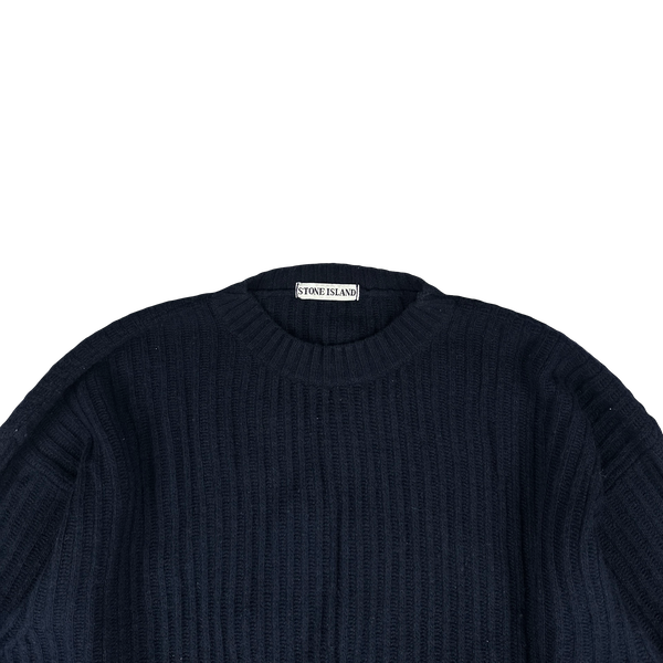 Stone Island Vintage Green Edge Ribbed Wool Pullover Mock Neck Jumper Navy - XXL