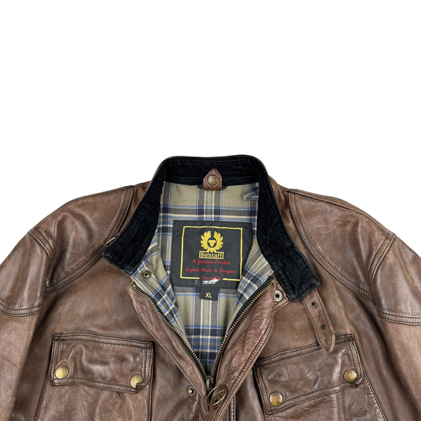 Belstaff Brown Multi Pocket Field Leather Zipped Heavyweight Jacket - XL