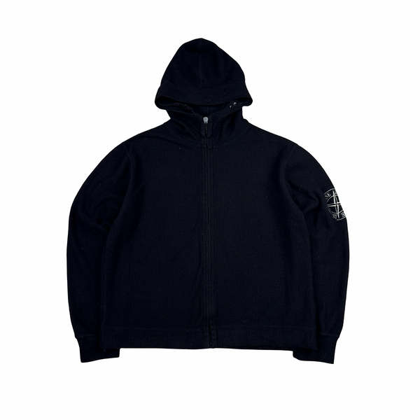 Stone Island 2002 Black Lightweight Knitted Hooded Zip up Compass Jumper - Medium
