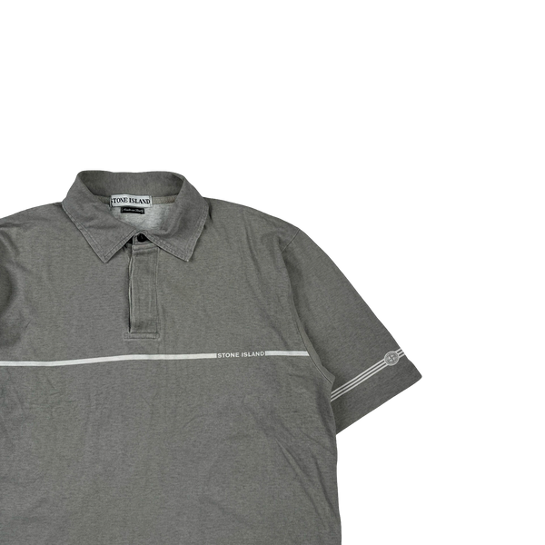 Stone Island 1997 Grey Cotton Spellout Vintage Polo Shirt - Medium