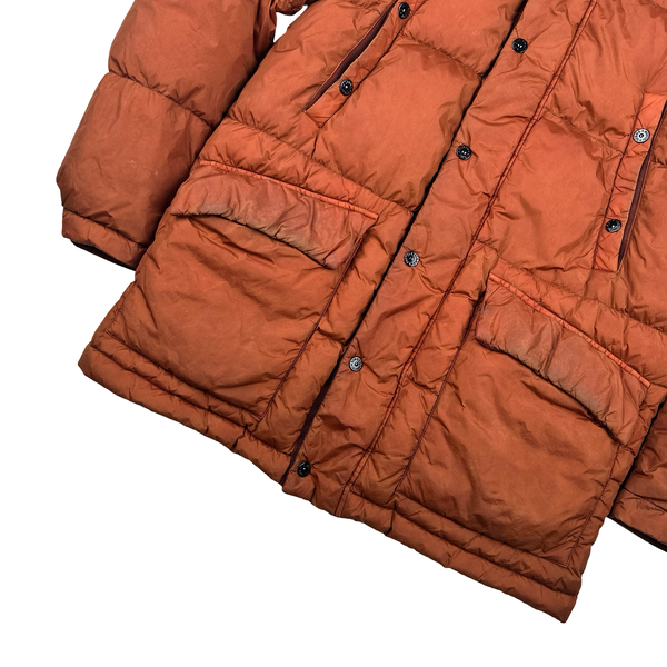 Stone Island 2013 Orange Long Crinkle Down Puffer Jacket - Small