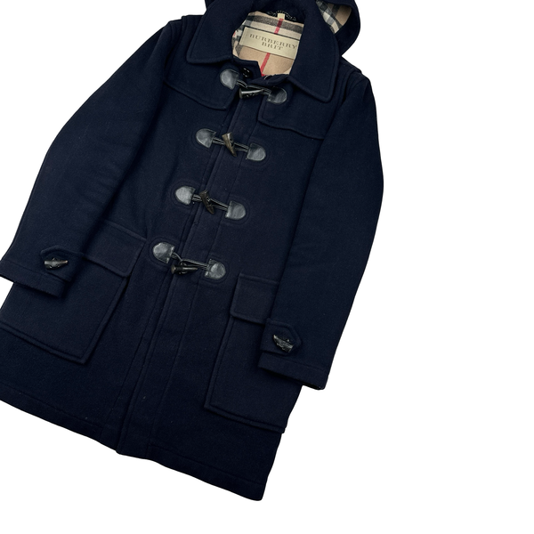 Burberry Navy Classic Check Lining Lana Wool Duffle Coat - Large