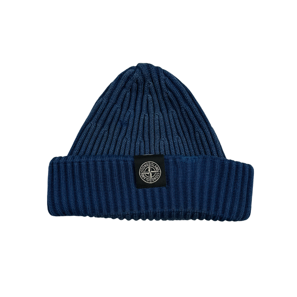 Stone Island Blue Ribbed Logo Patch Beanie