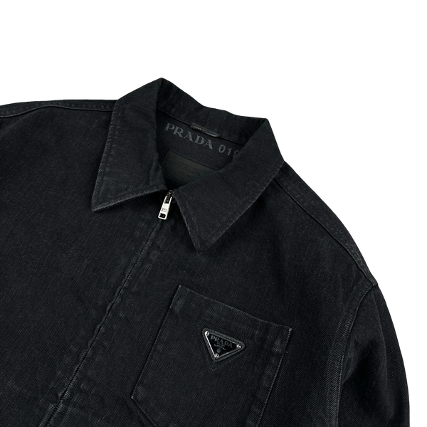 Prada Black Denim Triangle Plaque Collared Jacket - Medium