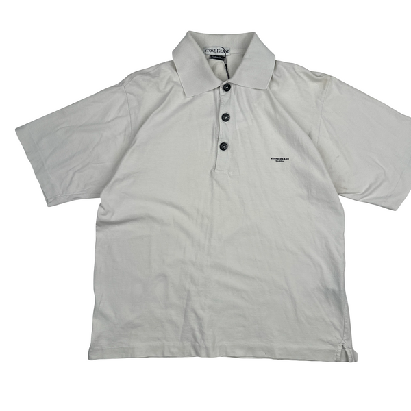 Stone Island 1997 White Cotton Spellout Vintage Polo Shirt - Medium