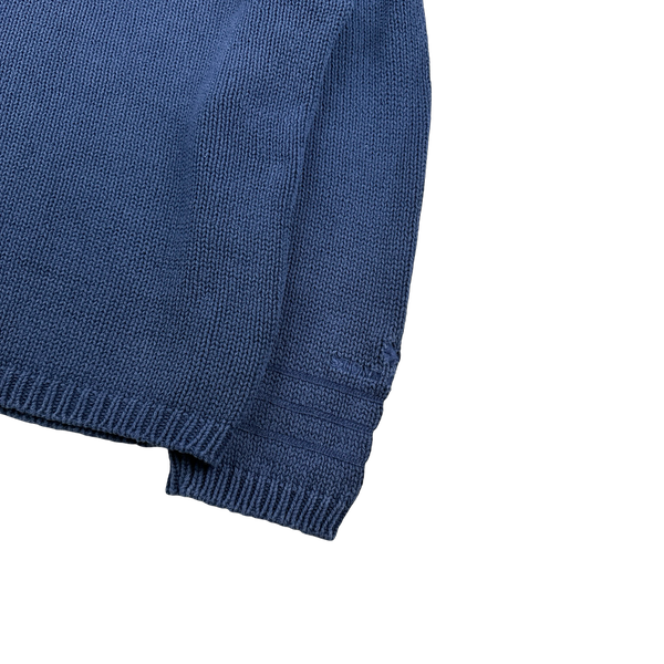 Stone Island 1998 Vintage Blue Cotton Cuff Spellout Pullover Knit - XL