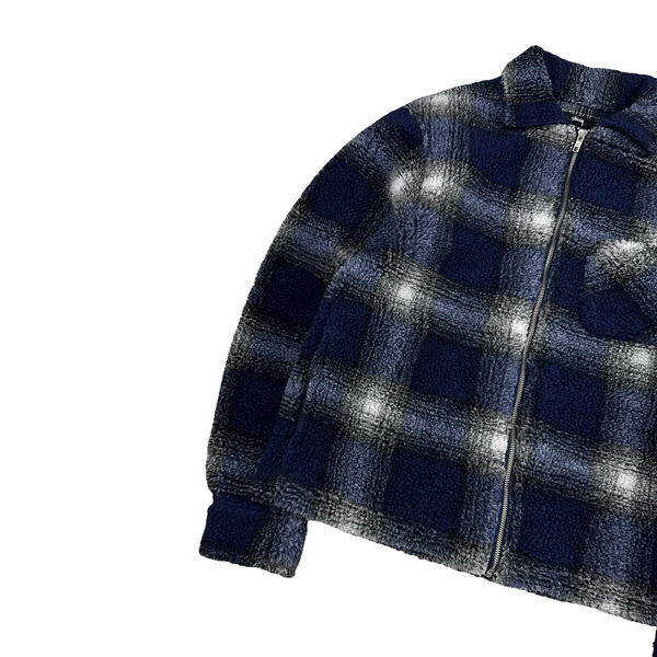 Stussy Blue Checked Teddy Fleece Zipped Jumper - Medium