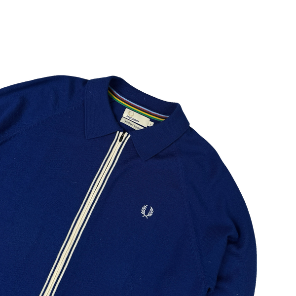 Fred Perry Bradley Wiggins Blue Zipped Collared Knit Jumper - Large