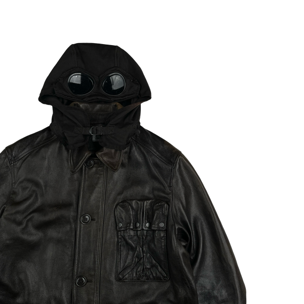 CP Company Brown Mille Miglia Leather Goggle Jacket - Large