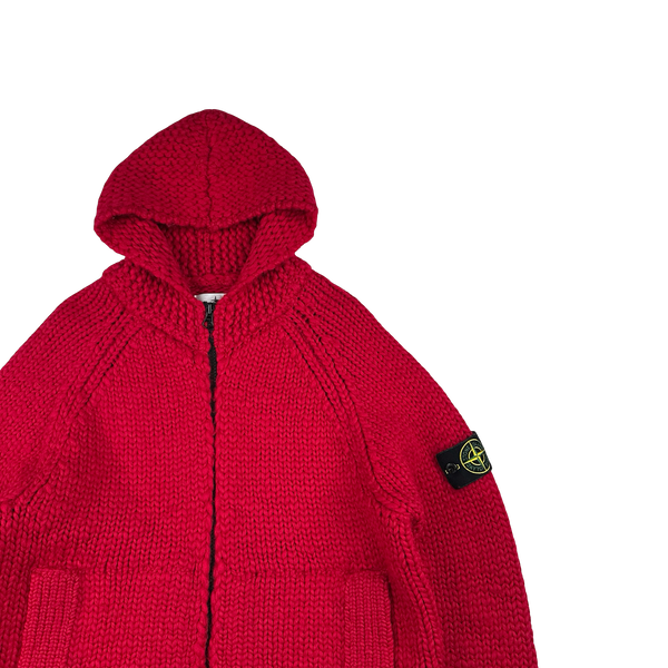 Stone Island 2022 Red Heavyweight Wool Knitted Zipped Hoodie - Large