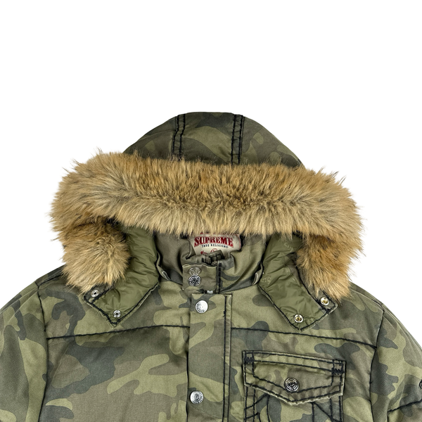 Supreme X True Religion Green Camo Contrast Stitch Pocket Puffer Fur Hood Jacket - Large