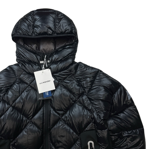 And Wander Black Pertex Diamond Quilted Hooded Puffer Jacket - Medium