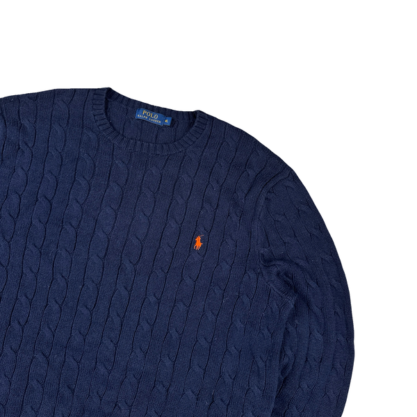 Ralph Lauren Navy Cotton Cable Knit Crewneck Jumper - XL