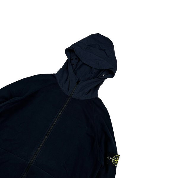 Stone Island 2023 Navy Cotton Knit Hooded Zipped Jumper - Large