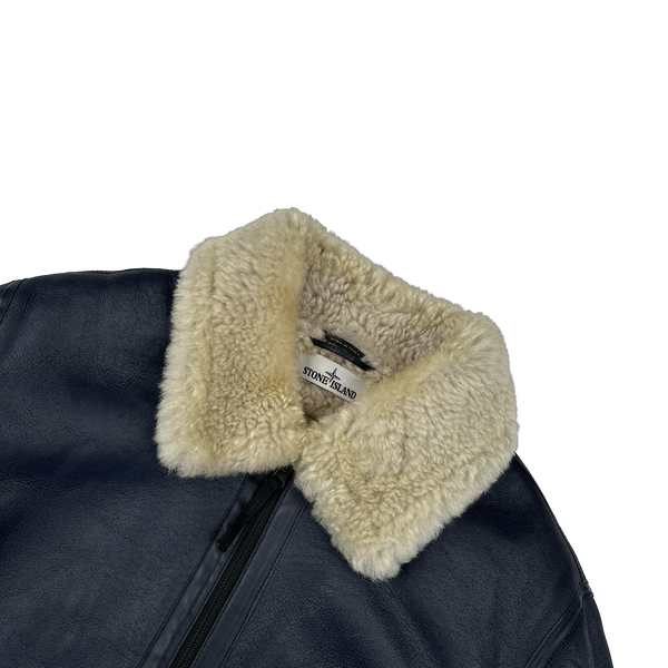 Stone Island 2014 Navy Hand Painted Leather Sheepskin Shearling Jacket - XL