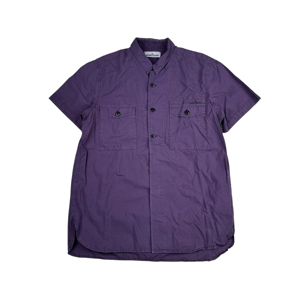 Stone Island 2014 Purple Cotton Spellout Buttoned Short Sleeve Shirt - XL