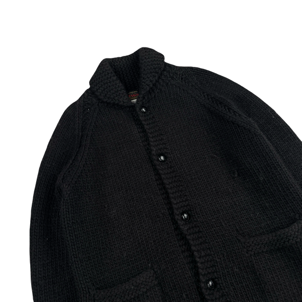 Evisu 2000s Heavyweight Black Wool Logo Buttoned Cardigan - Large