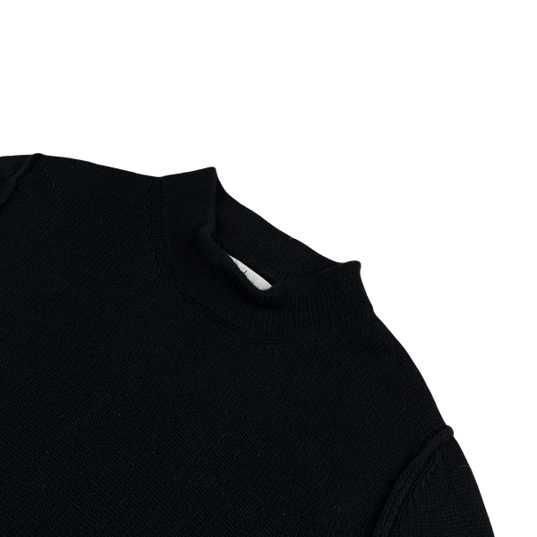 Stone Island 2020 Black Wool Spellout Embroidered Compass Mock Neck Jumper - Medium