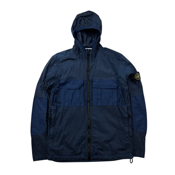 Stone Island 2019 Blue Nylon Metal Rip Stop Hooded Jacket - Small
