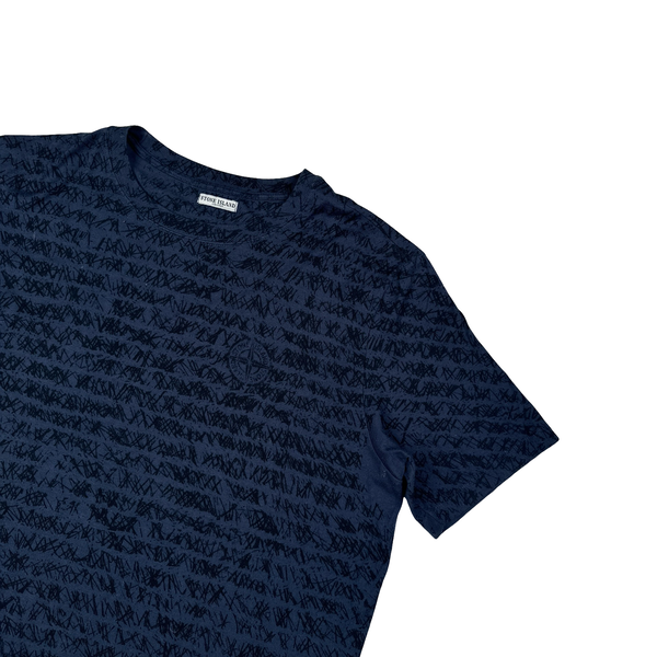 Stone Island 2004 Monogram Spellout Navy Cotton T Shirt - Medium