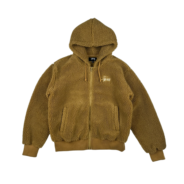 Stussy Teddy Fleece Zipped Hooded Spellout Jumper - Medium